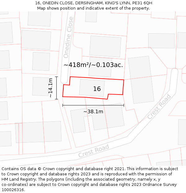 16, ONEDIN CLOSE, DERSINGHAM, KING'S LYNN, PE31 6QH: Plot and title map