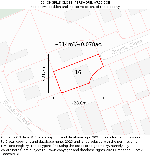 16, ONGRILS CLOSE, PERSHORE, WR10 1QE: Plot and title map