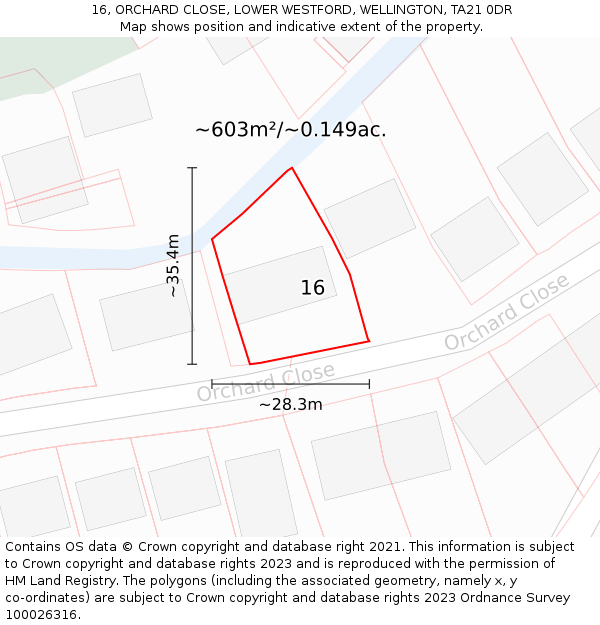 16, ORCHARD CLOSE, LOWER WESTFORD, WELLINGTON, TA21 0DR: Plot and title map