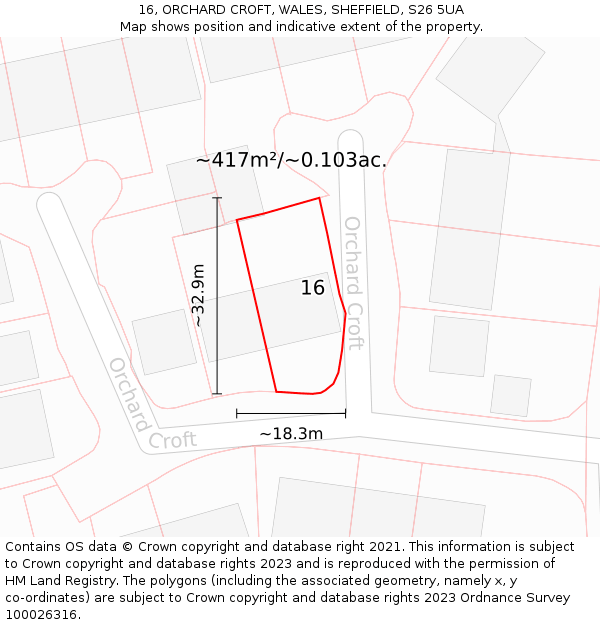 16, ORCHARD CROFT, WALES, SHEFFIELD, S26 5UA: Plot and title map