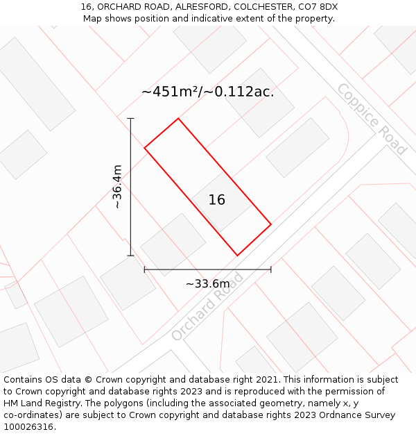 16, ORCHARD ROAD, ALRESFORD, COLCHESTER, CO7 8DX: Plot and title map