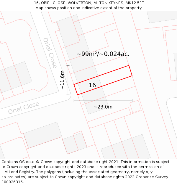 16, ORIEL CLOSE, WOLVERTON, MILTON KEYNES, MK12 5FE: Plot and title map