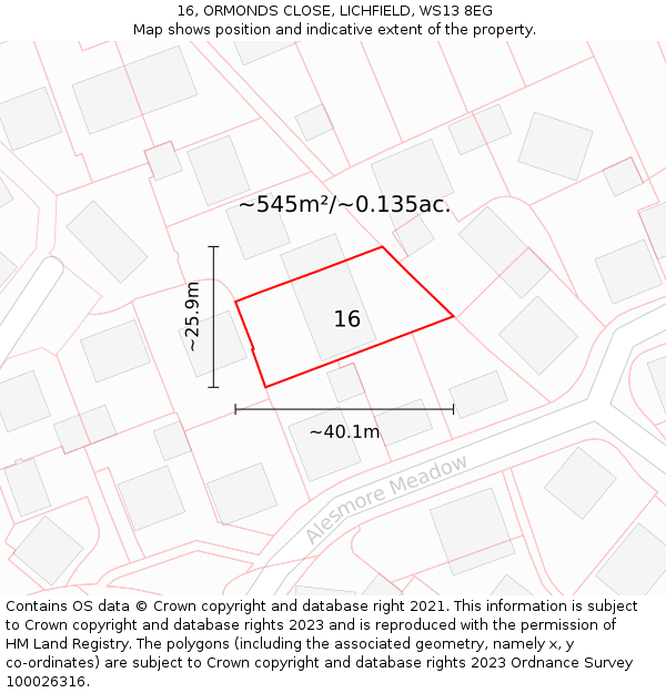 16, ORMONDS CLOSE, LICHFIELD, WS13 8EG: Plot and title map