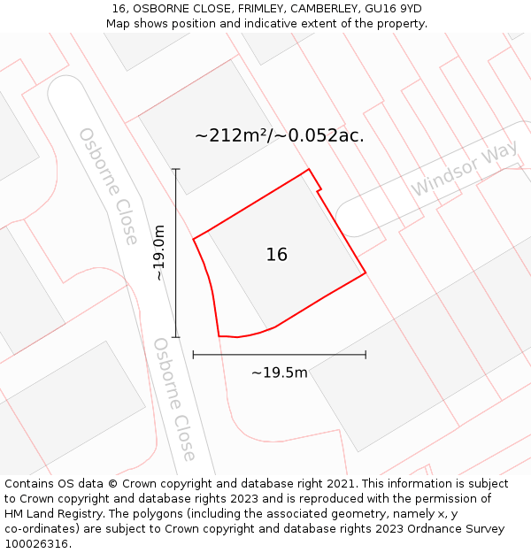16, OSBORNE CLOSE, FRIMLEY, CAMBERLEY, GU16 9YD: Plot and title map