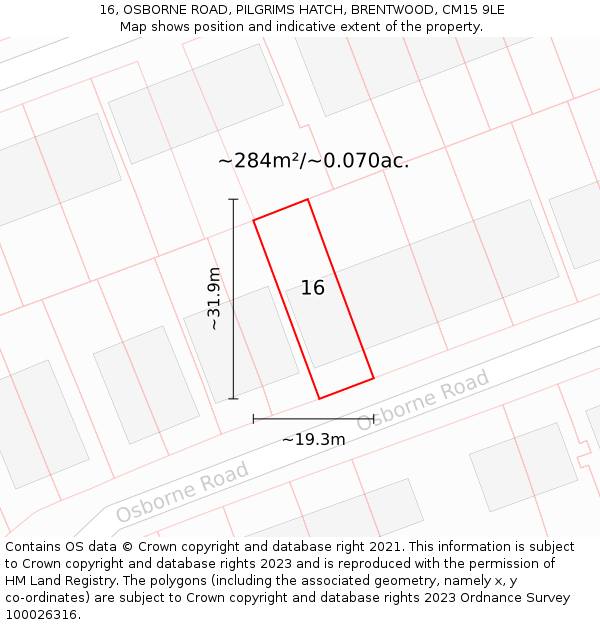 16, OSBORNE ROAD, PILGRIMS HATCH, BRENTWOOD, CM15 9LE: Plot and title map