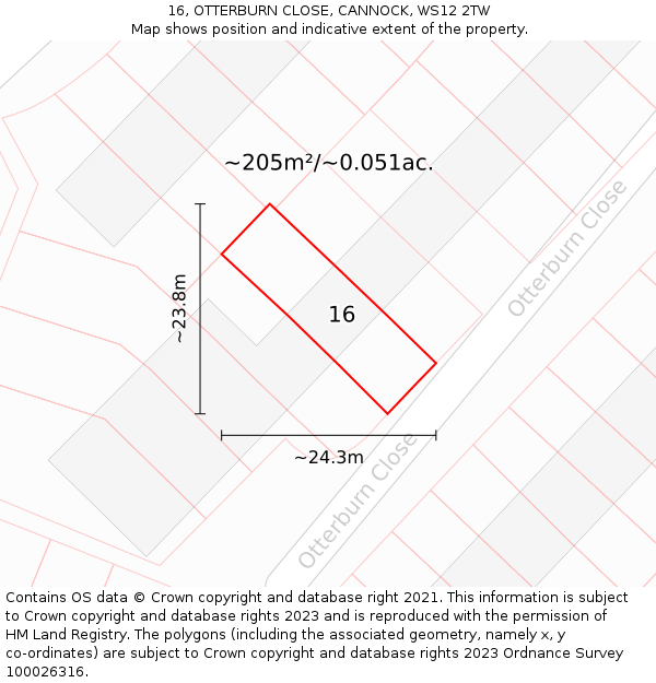 16, OTTERBURN CLOSE, CANNOCK, WS12 2TW: Plot and title map
