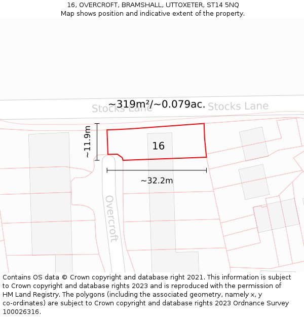 16, OVERCROFT, BRAMSHALL, UTTOXETER, ST14 5NQ: Plot and title map
