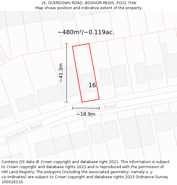 16, OVERDOWN ROAD, BOGNOR REGIS, PO22 7HW: Plot and title map
