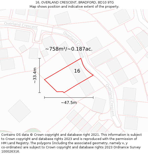 16, OVERLAND CRESCENT, BRADFORD, BD10 9TG: Plot and title map
