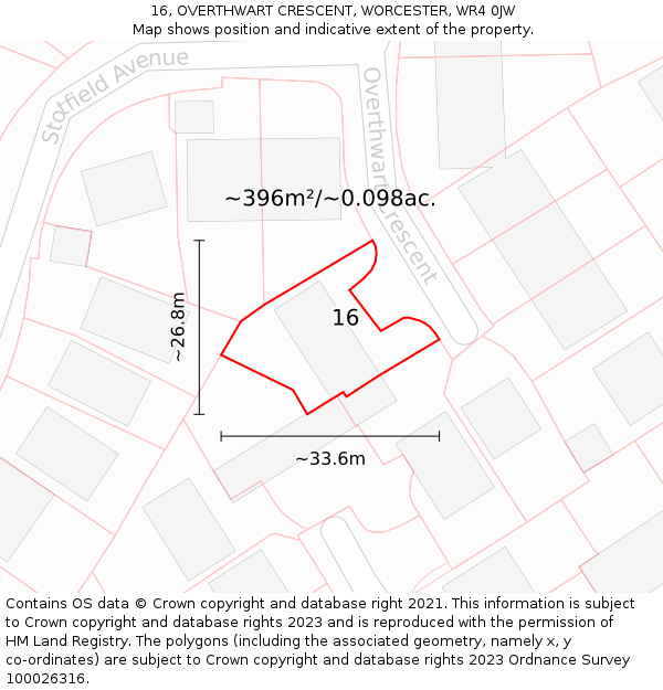 16, OVERTHWART CRESCENT, WORCESTER, WR4 0JW: Plot and title map