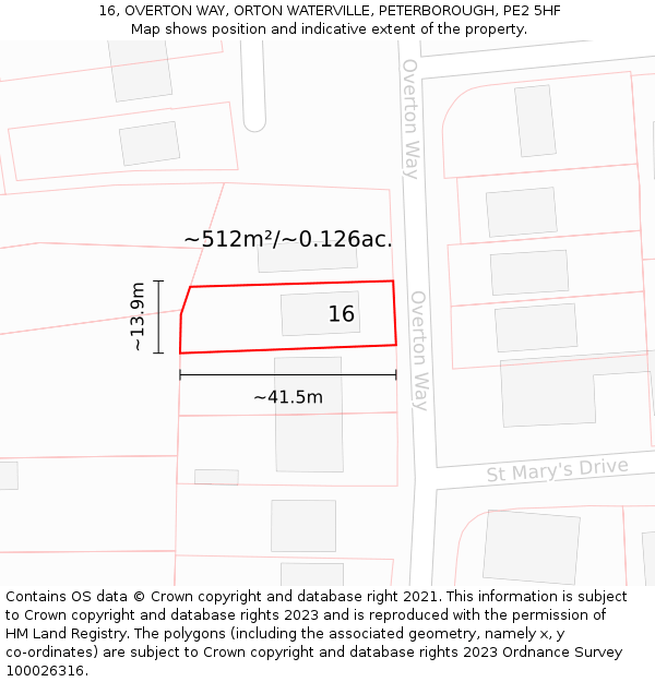 16, OVERTON WAY, ORTON WATERVILLE, PETERBOROUGH, PE2 5HF: Plot and title map