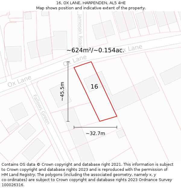 16, OX LANE, HARPENDEN, AL5 4HE: Plot and title map