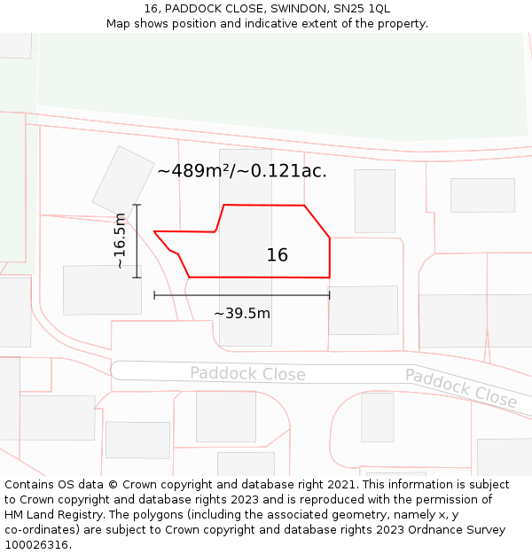 16, PADDOCK CLOSE, SWINDON, SN25 1QL: Plot and title map