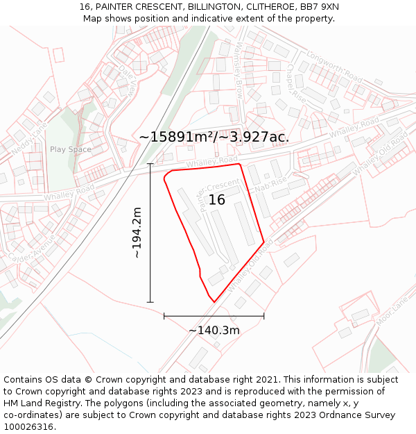 16, PAINTER CRESCENT, BILLINGTON, CLITHEROE, BB7 9XN: Plot and title map
