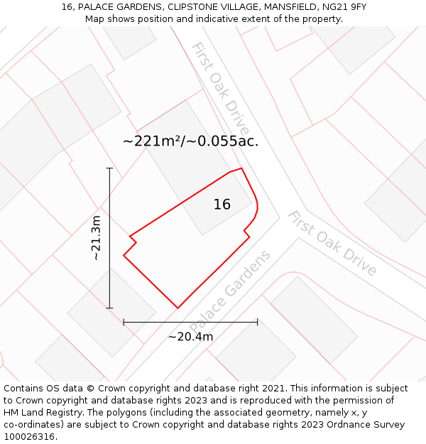 16, PALACE GARDENS, CLIPSTONE VILLAGE, MANSFIELD, NG21 9FY: Plot and title map