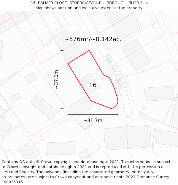 16, PALMER CLOSE, STORRINGTON, PULBOROUGH, RH20 3HN: Plot and title map