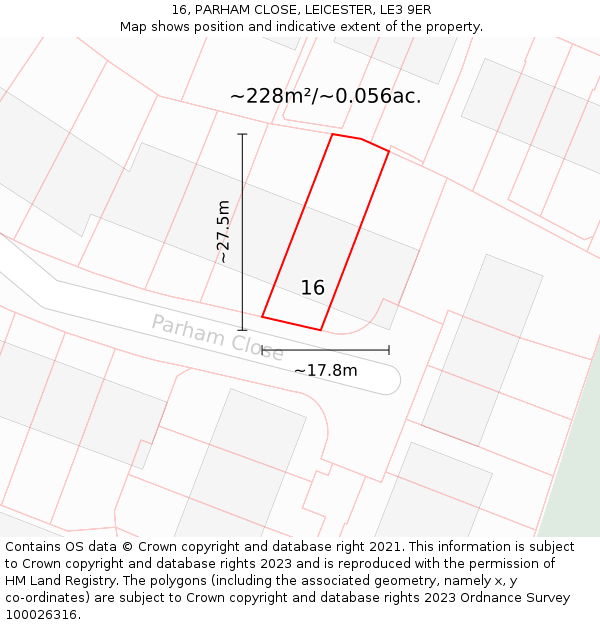 16, PARHAM CLOSE, LEICESTER, LE3 9ER: Plot and title map