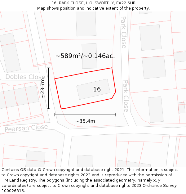 16, PARK CLOSE, HOLSWORTHY, EX22 6HR: Plot and title map