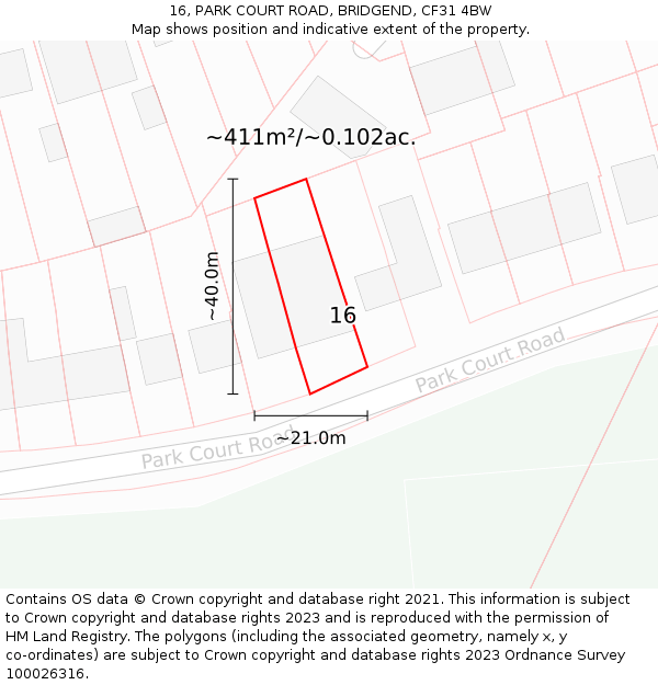 16, PARK COURT ROAD, BRIDGEND, CF31 4BW: Plot and title map