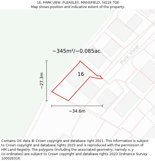 16, PARK VIEW, PLEASLEY, MANSFIELD, NG19 7QE: Plot and title map