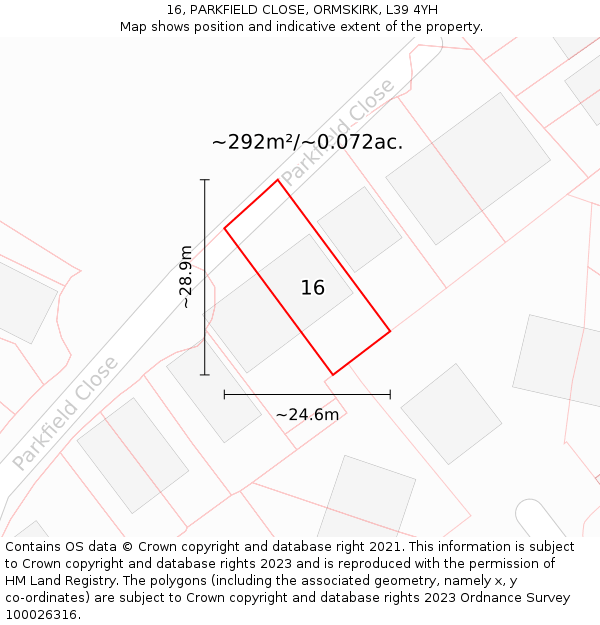 16, PARKFIELD CLOSE, ORMSKIRK, L39 4YH: Plot and title map