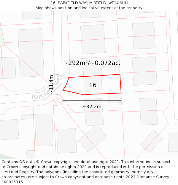 16, PARKFIELD WAY, MIRFIELD, WF14 9HH: Plot and title map