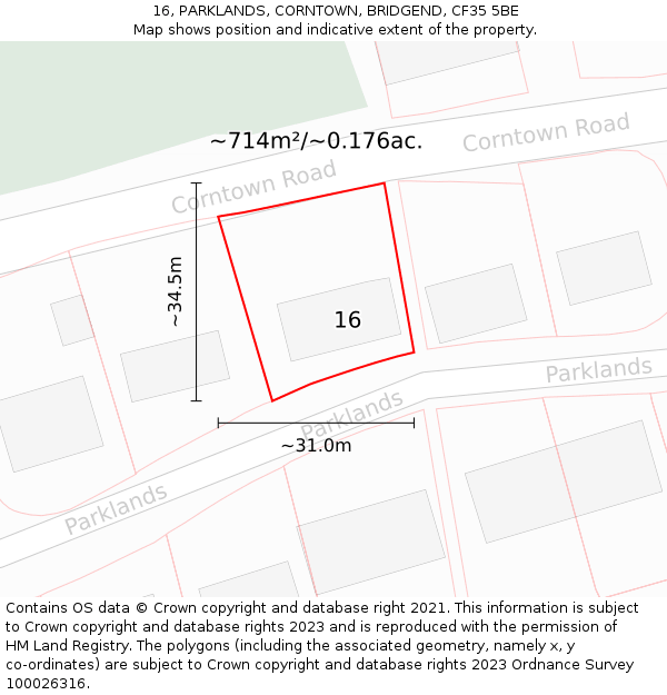16, PARKLANDS, CORNTOWN, BRIDGEND, CF35 5BE: Plot and title map