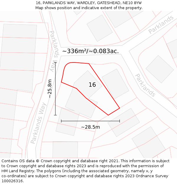 16, PARKLANDS WAY, WARDLEY, GATESHEAD, NE10 8YW: Plot and title map