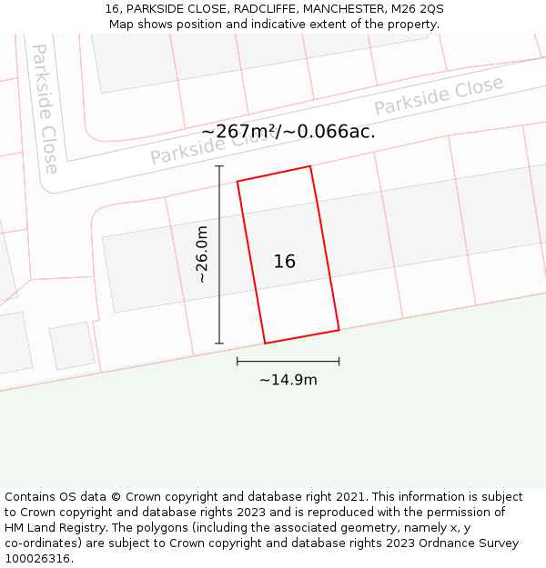 16, PARKSIDE CLOSE, RADCLIFFE, MANCHESTER, M26 2QS: Plot and title map