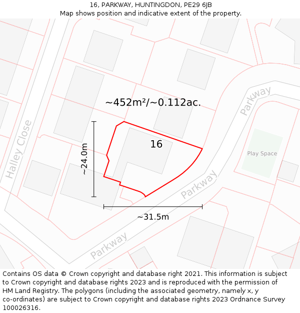 16, PARKWAY, HUNTINGDON, PE29 6JB: Plot and title map