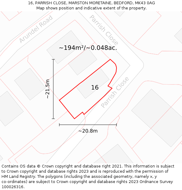 16, PARRISH CLOSE, MARSTON MORETAINE, BEDFORD, MK43 0AG: Plot and title map