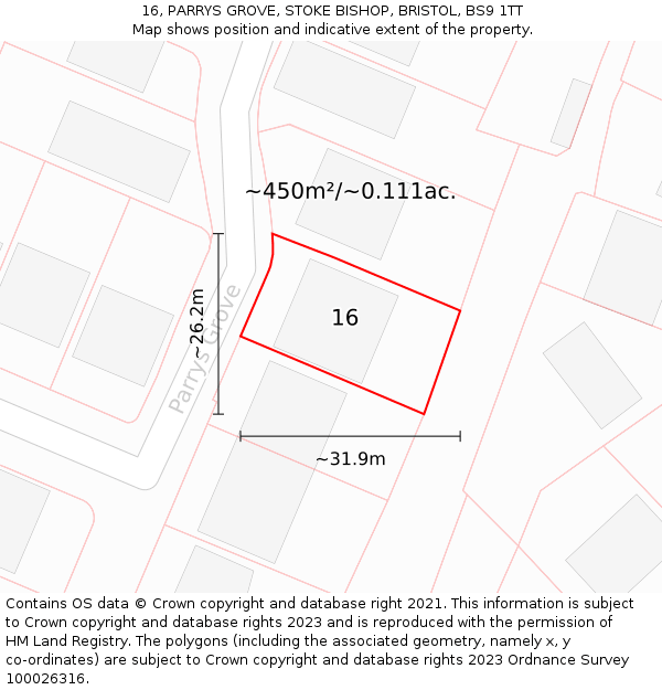 16, PARRYS GROVE, STOKE BISHOP, BRISTOL, BS9 1TT: Plot and title map