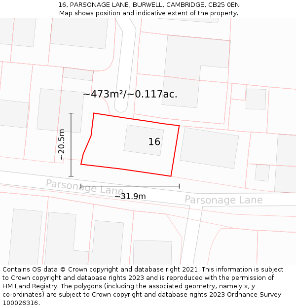 16, PARSONAGE LANE, BURWELL, CAMBRIDGE, CB25 0EN: Plot and title map