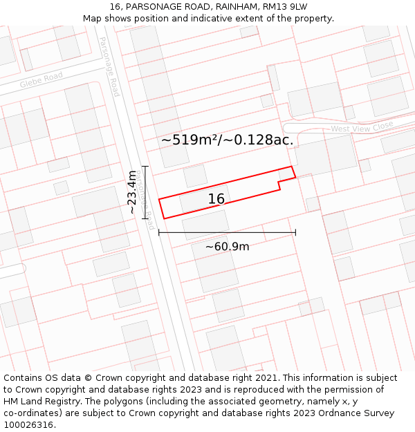 16, PARSONAGE ROAD, RAINHAM, RM13 9LW: Plot and title map