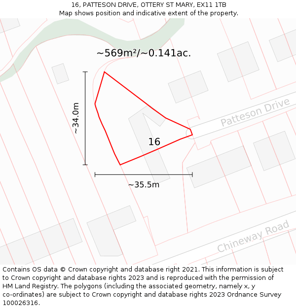16, PATTESON DRIVE, OTTERY ST MARY, EX11 1TB: Plot and title map