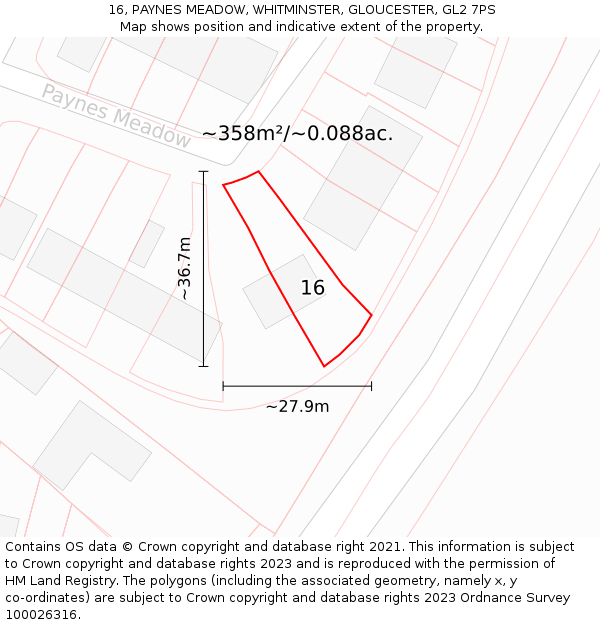16, PAYNES MEADOW, WHITMINSTER, GLOUCESTER, GL2 7PS: Plot and title map