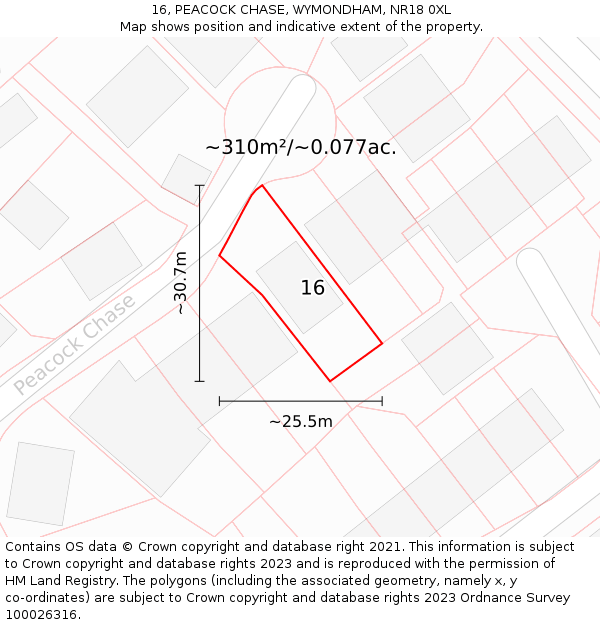 16, PEACOCK CHASE, WYMONDHAM, NR18 0XL: Plot and title map