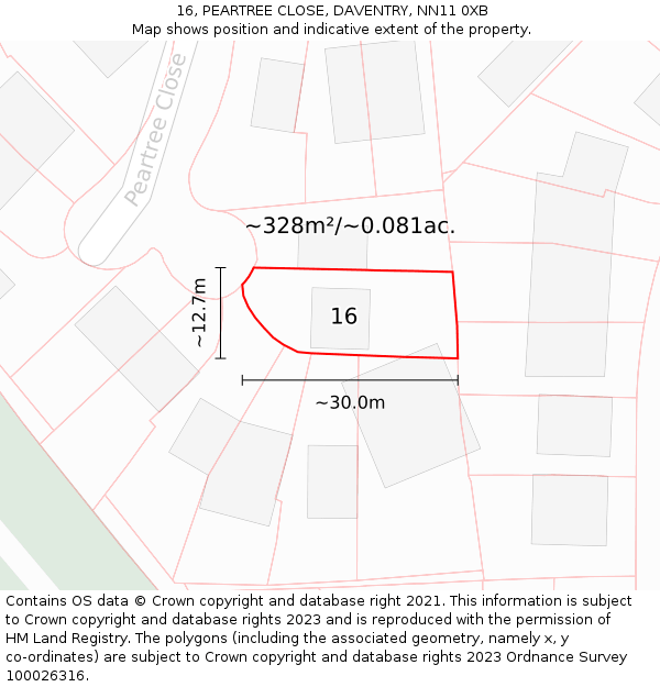 16, PEARTREE CLOSE, DAVENTRY, NN11 0XB: Plot and title map