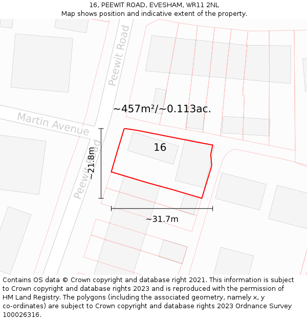16, PEEWIT ROAD, EVESHAM, WR11 2NL: Plot and title map