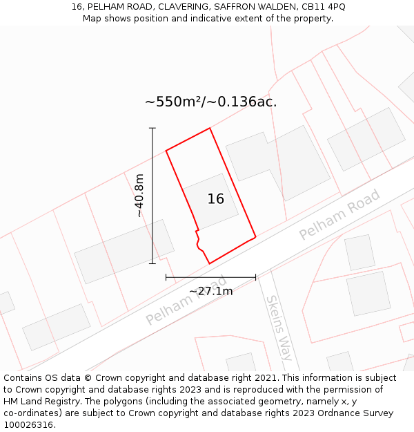 16, PELHAM ROAD, CLAVERING, SAFFRON WALDEN, CB11 4PQ: Plot and title map