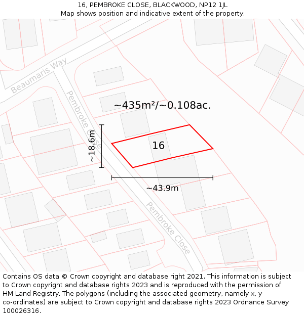 16, PEMBROKE CLOSE, BLACKWOOD, NP12 1JL: Plot and title map