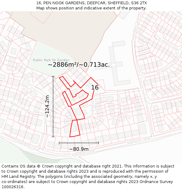 16, PEN NOOK GARDENS, DEEPCAR, SHEFFIELD, S36 2TX: Plot and title map