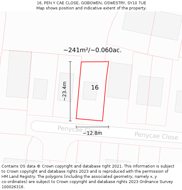 16, PEN Y CAE CLOSE, GOBOWEN, OSWESTRY, SY10 7UE: Plot and title map