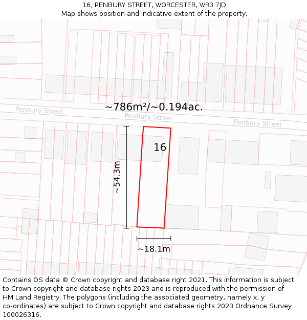 16, PENBURY STREET, WORCESTER, WR3 7JD: Plot and title map