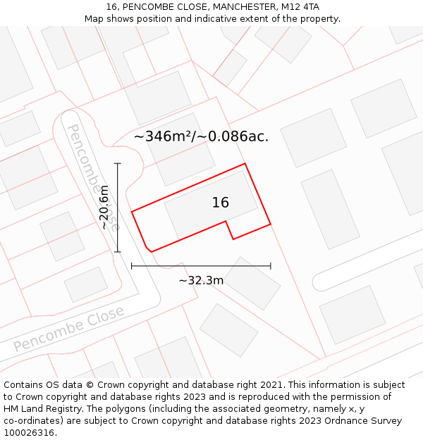 16, PENCOMBE CLOSE, MANCHESTER, M12 4TA: Plot and title map