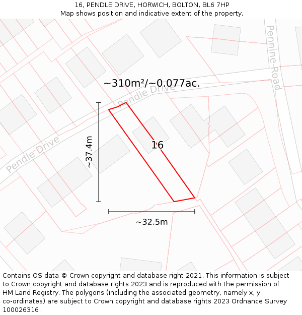 16, PENDLE DRIVE, HORWICH, BOLTON, BL6 7HP: Plot and title map