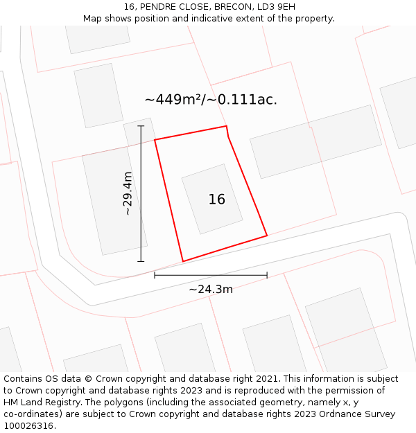 16, PENDRE CLOSE, BRECON, LD3 9EH: Plot and title map