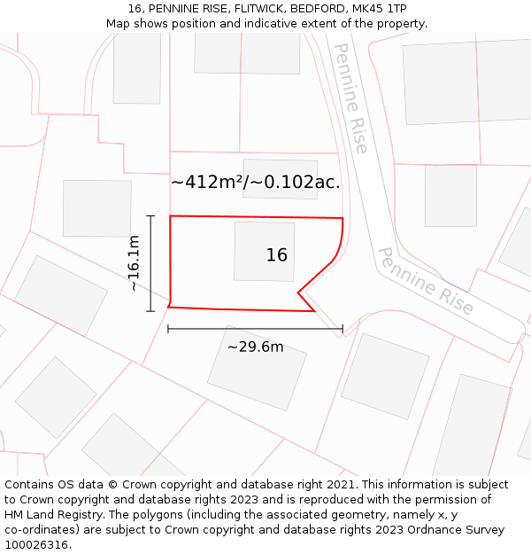 16, PENNINE RISE, FLITWICK, BEDFORD, MK45 1TP: Plot and title map