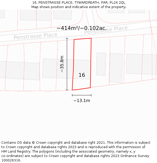 16, PENSTRASSE PLACE, TYWARDREATH, PAR, PL24 2QL: Plot and title map