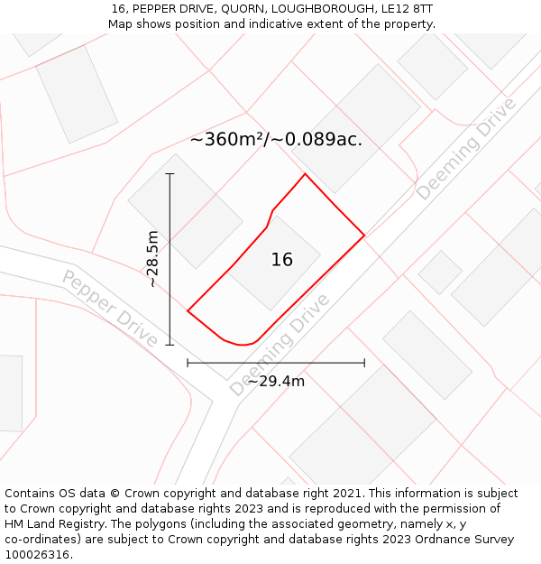 16, PEPPER DRIVE, QUORN, LOUGHBOROUGH, LE12 8TT: Plot and title map
